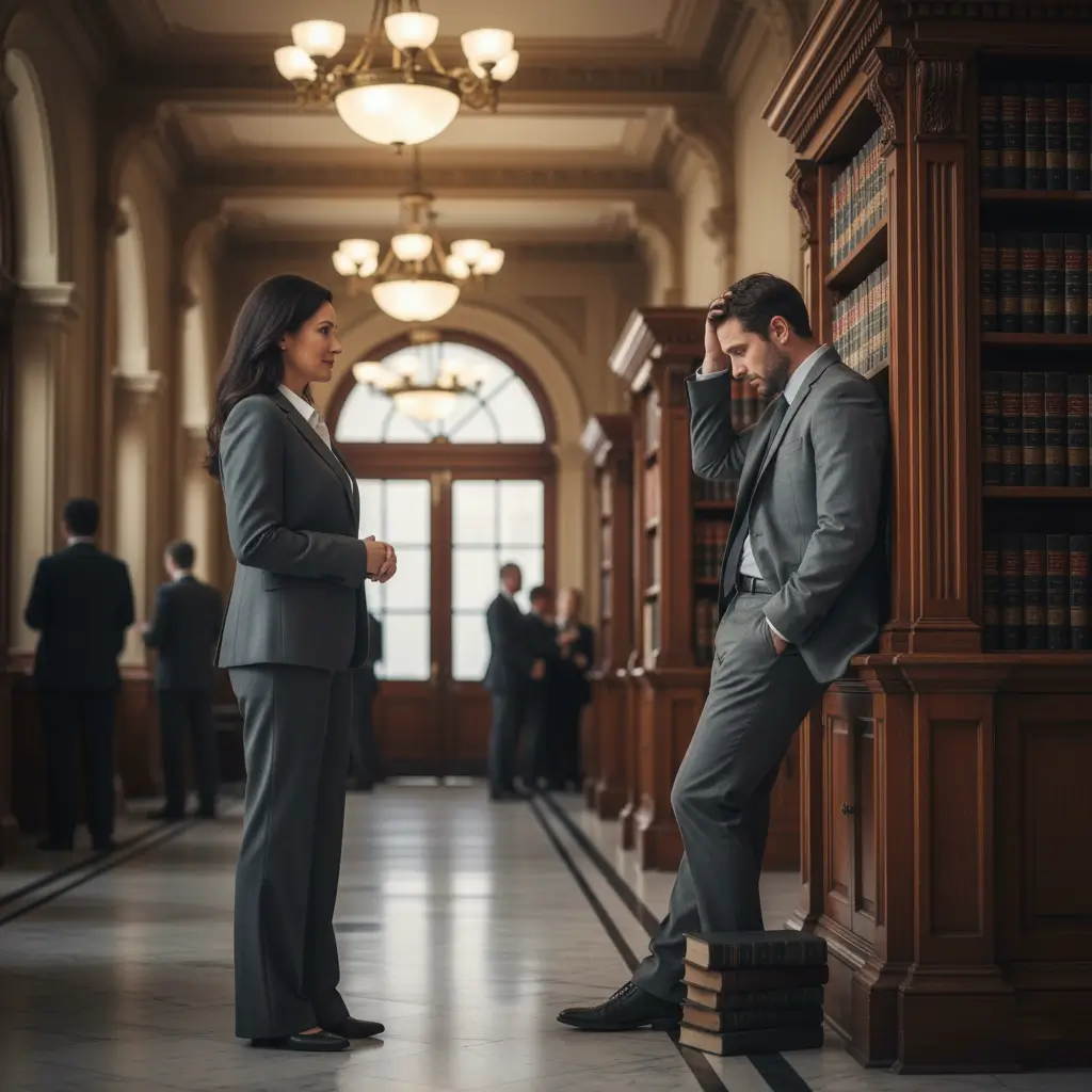 A lawyer in a courthouse hallway discreetly observing a colleague